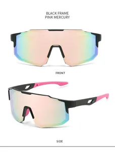 Gafas de sol deportivas para ciclismo con montura negra y lente rosa espejo para uso diario.