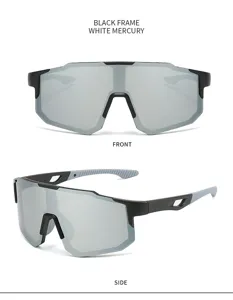 Vista detallada de gafas de sol deportivas para ciclismo con montura negra y lente espejada.