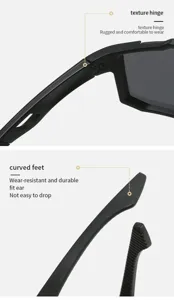 Vista detallada de gafas de sol deportivas con bisagras texturizadas y patillas duraderas.