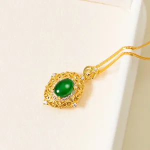 Exquisite S925 silver green jade oval filigree pendant, delicate niche design jewelry.