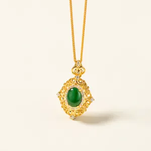 Detailed view of the elegant S925 silver oval green jade filigree pendant necklace.
