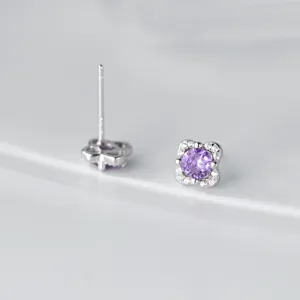 S925 Sterling Silber Lila Zirkon Kleine Blume Ohrstecker Eleganter Damenschmuck Neu