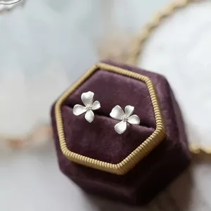 Sweet 925 Sterling Silver Gardenia Flower Stud Earrings Retro Matte Gold Silver Plated Elegant Four-Petal Flower Earrings For Women Jewelry