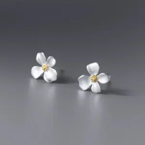 S925 sterling silver frosted gardenia flower stud earrings, retro Korean style jewelry.