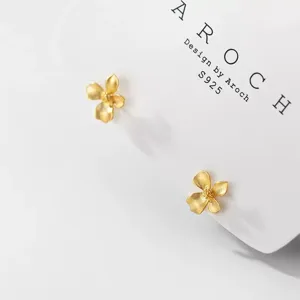 S925 sterling silver frosted gold four petal flower stud earrings elegant vintage floral jewelry