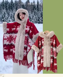 Thickened plush hooded winter cape with retro snowflake pattern and cozy tassel hem detail.