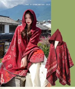 Ethnic style hooded knitted cape shawl for women, vintage pattern winter warm cloak outer wear.