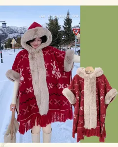 Winter Women Hooded Plush Fur Collar Knitted Cape Warm Vintage Snowflake Poncho Coat