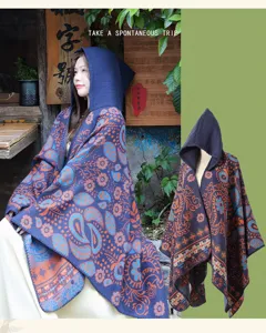 Ethnic knitted hooded cloak shawl, vintage paisley floral winter autumn poncho cape outerwear.