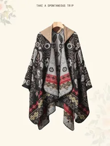 Bohemian ethnic knitted hooded cape shawl, stylish autumn winter outdoor tassel poncho top.