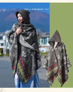 Ethnic style knitted hooded cape, vintage floral winter warm shawl for women travel.