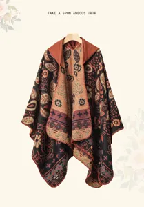 Women bohemian knitted hooded cape vintage ethnic floral shawl winter warm cloak vacation outerwear