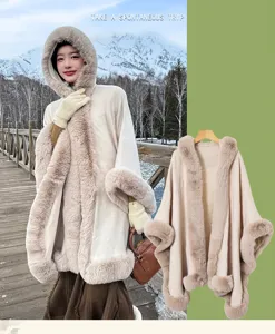 Women winter warm hooded faux fur cape elegant long cloak fashion stylish outerwear