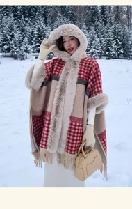 Thickened plaid hooded cape with plush fur trim for women, stylish winter warm poncho coat.