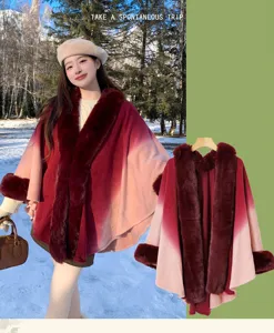 Gradient cape cloak winter warm women's cardigan coat faux cashmere fuzzy collar