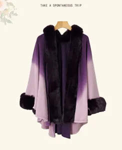 Women winter gradient cape coat with plush fur collar and cuffs warm shawl cardigan outerwear