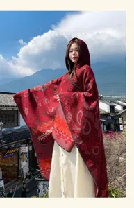Ethnic style hooded knitted poncho shawl for women, perfect for autumn winter outdoor wear.
