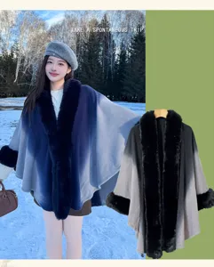 Winter gradient knit cloak cape with plush collar, thick warm oversized cardigan outerwear.