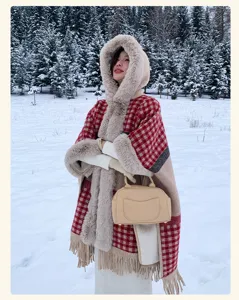 Thickened plaid hooded cape with faux fur trim, vintage winter poncho for women in snow.