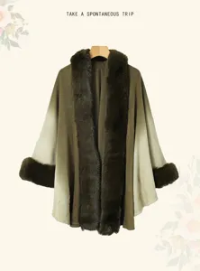Gradient green faux fur trim cape coat winter elegant warm knitted shawl cardigan