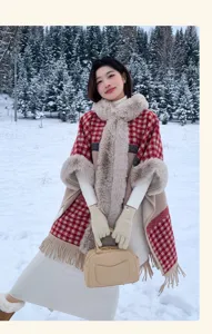 Thickened plush collar plaid cape coat with hood for women winter daily warm wear