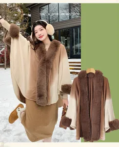 Gradient Faux Fur Trim Poncho Cardigan Winter Thickened Warm Cape Coat Detail View