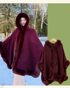 Women winter long hooded faux fur cape warm elegant cloak stylish outwear solid color apparel.