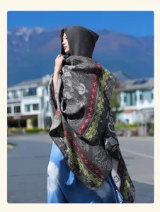 Women autumn winter hooded knitted cape ethnic style paisley shawl casual holiday outerwear
