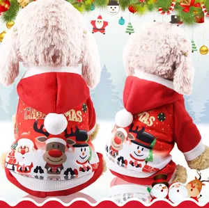Cute Christmas pet hoodie for dogs and cats, red fleece dog clothes with reindeer and santa.