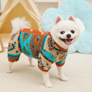 Warm fleece pet dog jumpsuit with ethnic geometric pattern for cute winter daily wear and sleep.