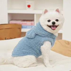 Lindo chaleco de felpa azul para mascotas con capucha, ropa acogedora de otoño invierno para perros.