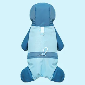 Detail view of pet winter four-legged ski suit, featuring hood and D-ring harness.