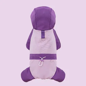 Detail view of purple and pink four-leg pet jumpsuit windbreaker for dogs and cats warm winter