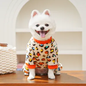 Cute four-legged pet fleece clothes for dogs and cats with warm leopard print design.