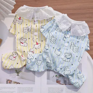 Cute dog pajamas with adorable bear print and lace collar. Soft four-leg pet jumpsuit.