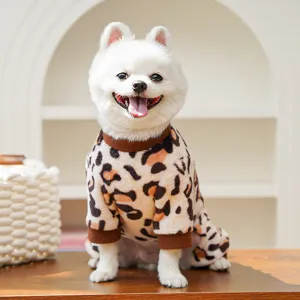 Detailed shot of pet winter fleece four-leg clothing with fashionable leopard print design.