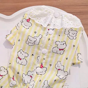 Cute yellow striped dog clothes with lace collar and bear print, comfortable pet apparel for small dogs.