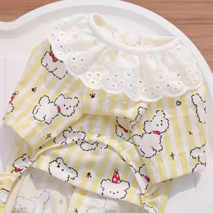 Cute yellow striped pet clothes with white lace collar and lovely bear print for small dogs, comfy.