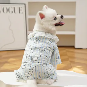 Cute striped four-legged pet jumpsuit with lace collar for small dogs and puppies.
