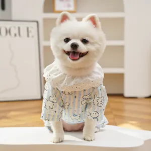 Cute small dog four-leg jumpsuit pet clothes with blue stripes and cartoon puppy design detail view