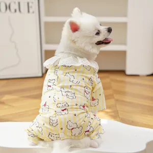 Cute yellow striped dog onesie with lace collar, four-leg pet pyjamas for small dogs daily wear.
