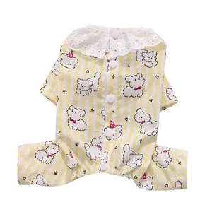 Yellow striped pet four-leg clothes puppy pajamas with lace collar and cute bear print detail.