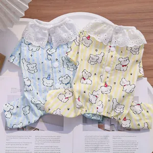 Small Dog Clothes Four Legged Striped Pet Apparel Cute Puppy Pajamas with Lace Lapel