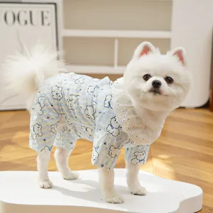 Cute small dog onesie with blue stripes and white lace collar for daily comfortable wear.