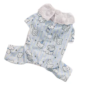 Cute blue striped pet jumpsuit with white lace collar and sweet bear print for small dogs