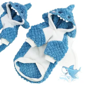 Blue fleece shark pet hoodie for small dogs and cats winter warm costume apparel cute