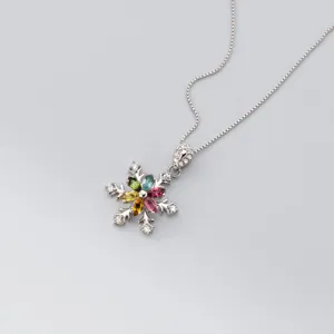 S925 Argent Sterling Tourmaline Colorée Pendentif Flocon de Neige Collier Bijou