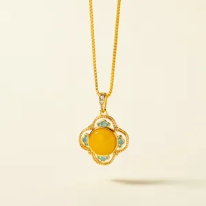 Detail view of a vintage S925 sterling silver yellow beeswax four-petal flower pendant necklace.