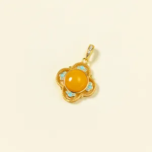 Exquisite S925 sterling silver amber four-petal flower pendant vintage fashion necklace