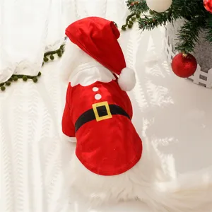 Cute Christmas pet costume for dogs and cats, red Santa suit with matching hat, winter holiday apparel.